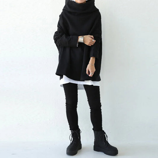 Women's Oversize Simple Tops 2025 New Fashion Casual Solid Color High-Neck Long Sleeve T-Shirt For Women
