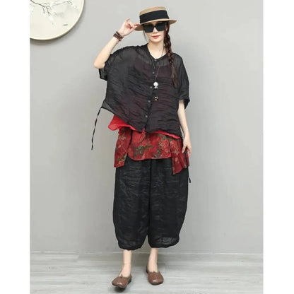 Lightweight Ramie Pant Women Summer Loose Wide-leg Cropped Pants Black LX5765