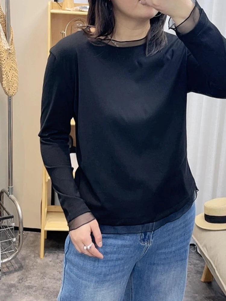 Spring New plus Size round Neck Mesh Splice Loose Long Sleeve Base Shirt Women Fat MM Slimming Belly Cover Simple T-shirt