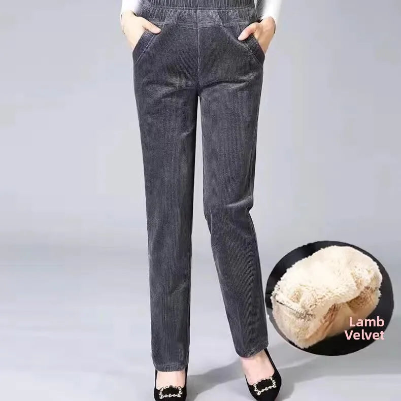 Thickened Fleece Corduroy Pants High Waist Harlan Style Winter 2024 New Women's Casual Trousers Elastic Waist Pocket Detail