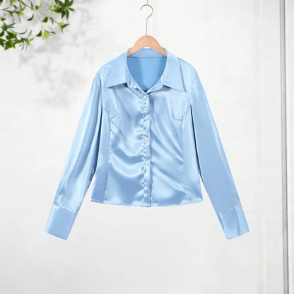 Elegant Women's Shirt Turn-down Collar Full Sleeve Single Breasted Solid Female Satin Top 2026 Summer Commute Fashion Lady Tops