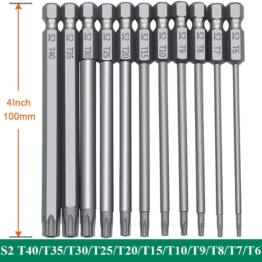 11PCS Torx Head Screwdriver Bit Set Magnetic 1/4" Hex Shank S2 Steel 3 Inch Long Drill Bits Security Torx Bits T6-T40 50/100mm