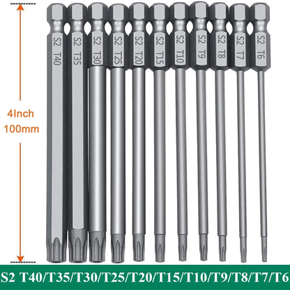 11PCS Torx Head Screwdriver Bit Set Magnetic 1/4" Hex Shank S2 Steel 3 Inch Long Drill Bits Security Torx Bits T6-T40 50/100mm