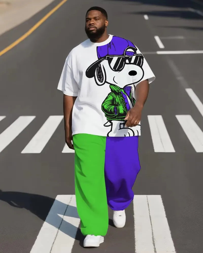 S-9XL Men's Plus Size Hip Hop Cartoon Print Short Sleeve T-shirt and Pants Two-Piece Set