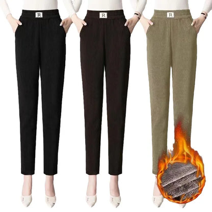 Autumn Winter Thickened Fleece Harlan Pants Women's Loose Casual Straight Leg Pants with Pockets Polyester Fiber Long Trousers