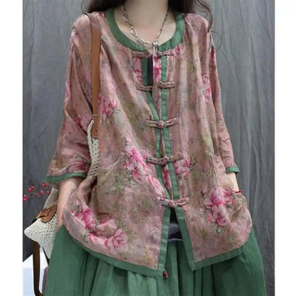 Artistic Print Ethnic Design Retro round Neck Button up Casual Loose Sun Protection Shirt Women Summer Comfortable Versatile