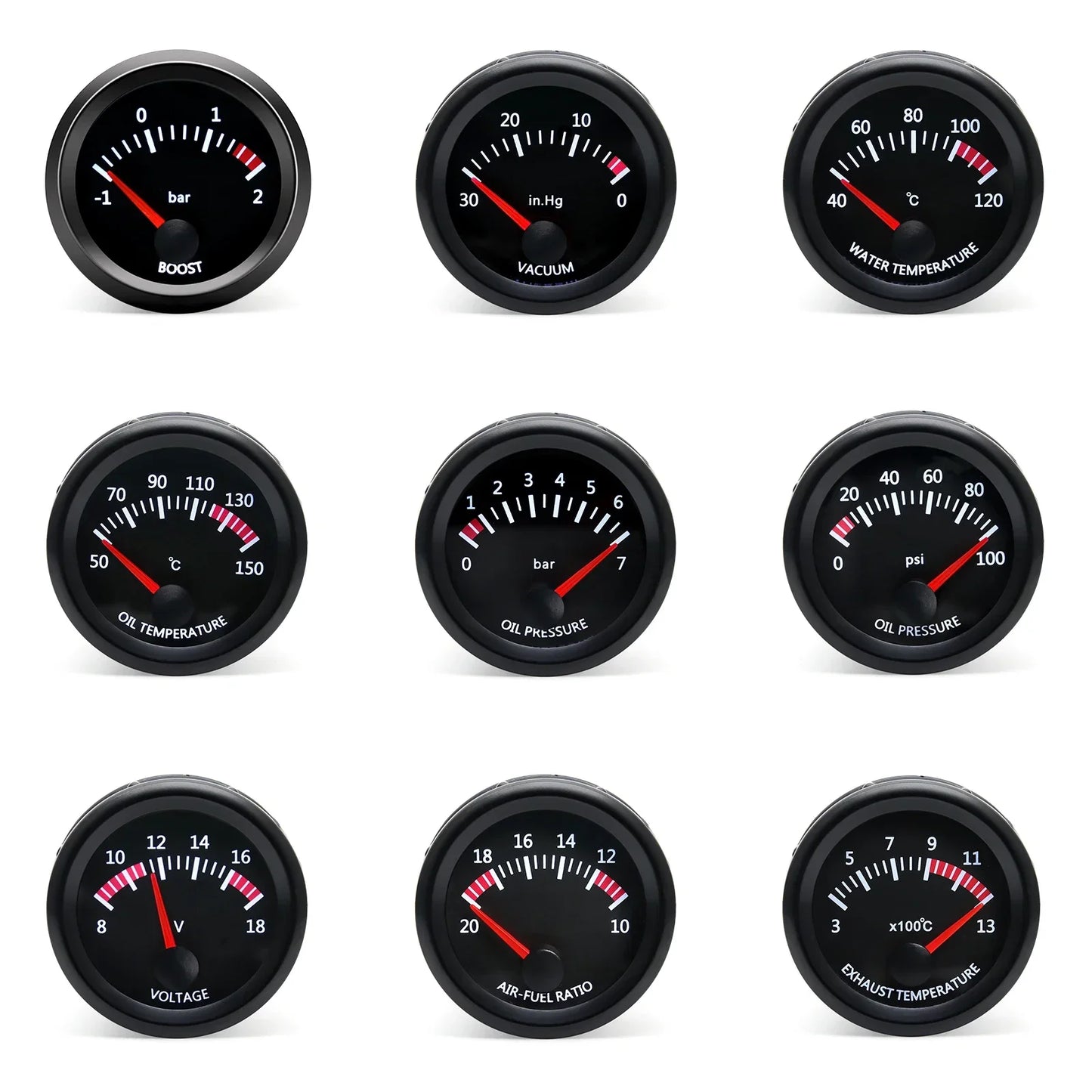 2'' 52mm Racing Car Indicator Water Temp Gauge Oil Temp Meter Voltmeter Oil Press Vacuum Boost Air Fuel Ratio EGT Instrument