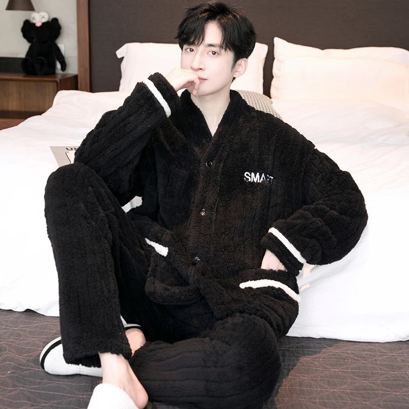 Thick Coral Fleece Sleepwear Men's Autumn Winter Casual Large Size Outdoor Wearable Flannel Home Clothes Set V-Neck Long Sleeve