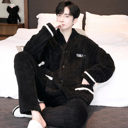 Thick Coral Fleece Sleepwear Men's Autumn Winter Casual Large Size Outdoor Wearable Flannel Home Clothes Set V-Neck Long Sleeve