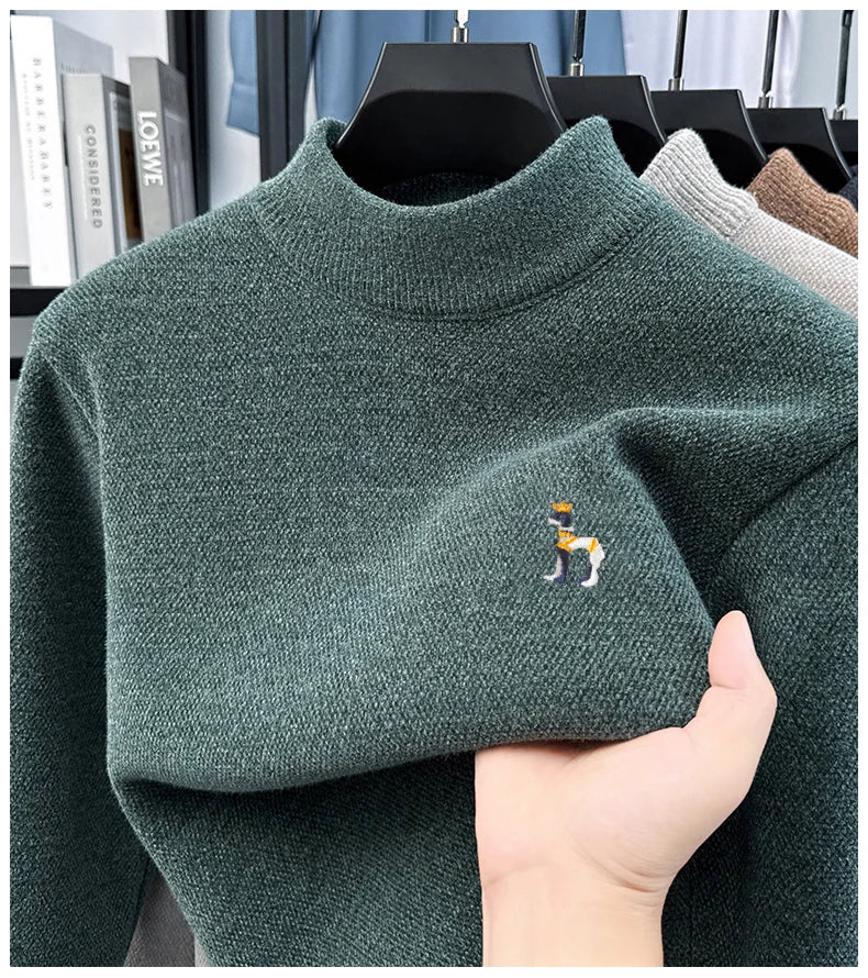 High End Embroidered Snow Carved Velvet Semi High Neck with Thick Velvet Men's Sweater Winter Semi High Neck Base Sweater