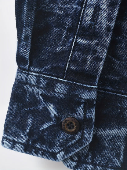 Men's denim shirt for autumn, American retro long-sleeved, washed dark blue, blue denim shirt with double pockets, workwear styl