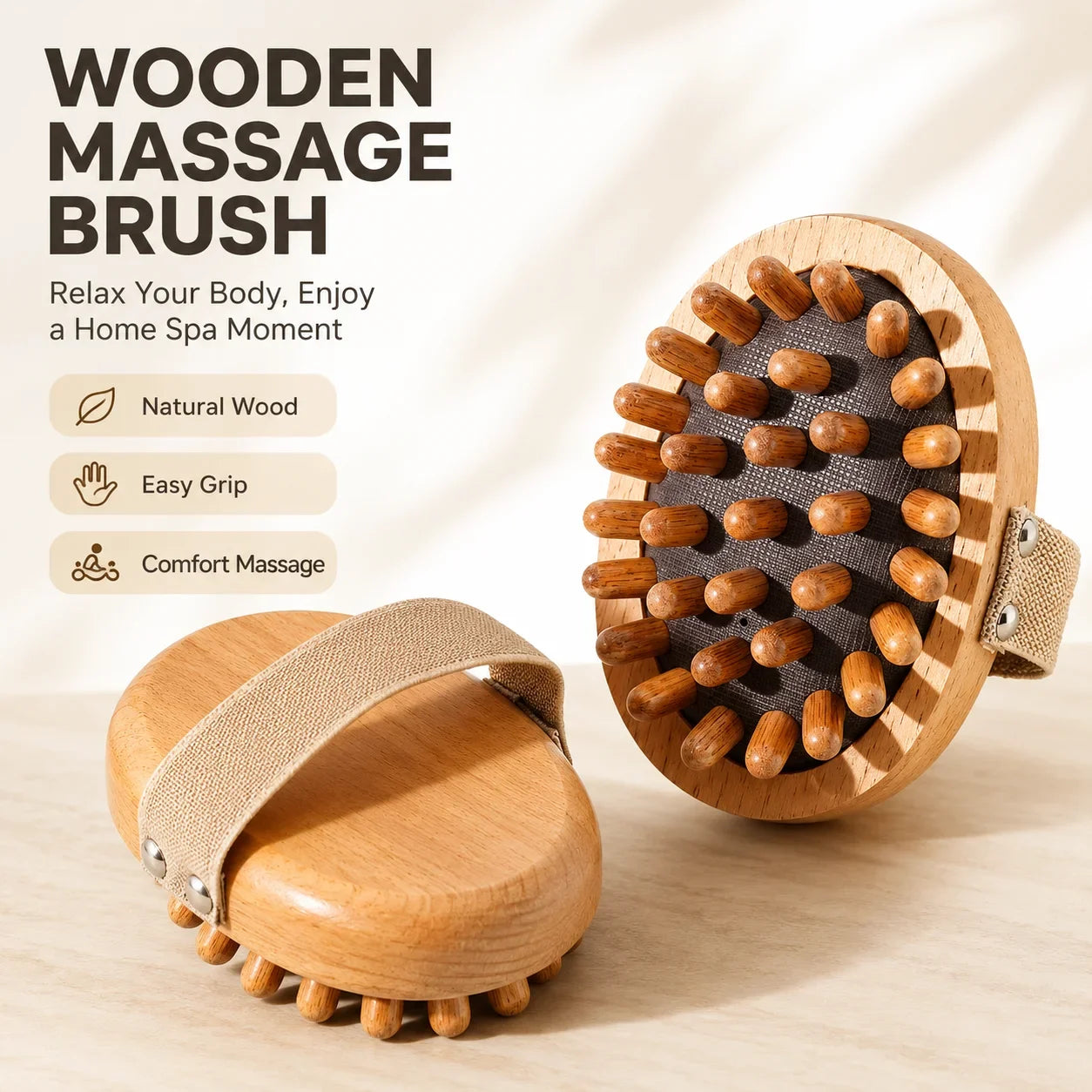 Wooden Body Massage Brush Handheld Massager with Strap, Natural Wood Massage Tool for Back Legs Waist Relaxation Home Spa Care