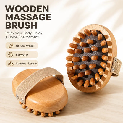 Wooden Body Massage Brush Handheld Massager with Strap, Natural Wood Massage Tool for Back Legs Waist Relaxation Home Spa Care