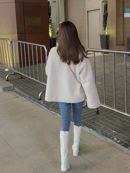 Lamb Fur Hoodie Jacket Women's Short Loose Style Korean Version Student Versatile Trendy Cardigan Top for Autumn Winter