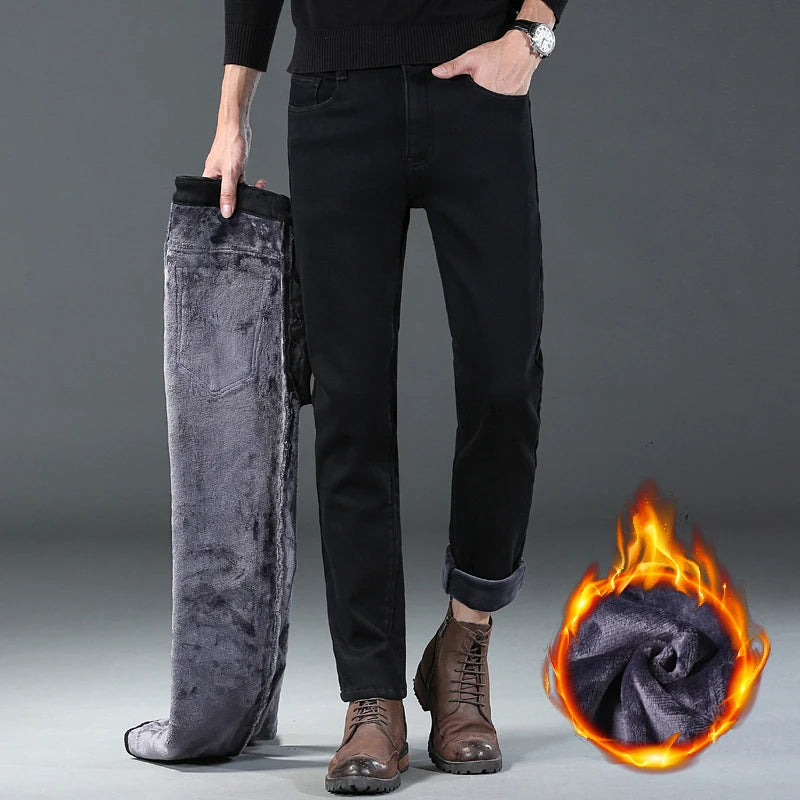 2025 Winter New Style Men's Black Straight Thick Jeans Fashionable Business Velvet Warm Denim Pants Fleece Hot Casual Pants