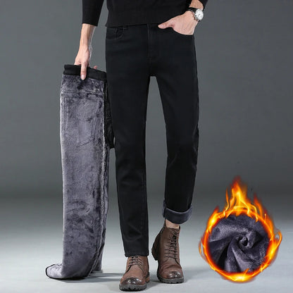 2025 Winter New Style Men's Black Straight Thick Jeans Fashionable Business Velvet Warm Denim Pants Fleece Hot Casual Pants