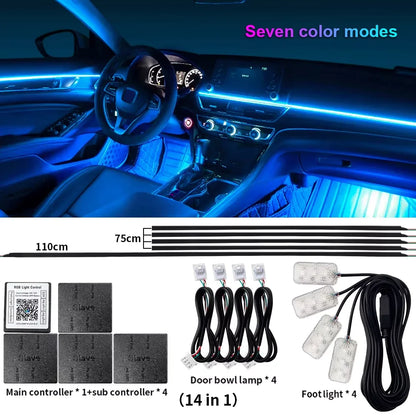 18 in 1 Dual Zone Symphony Streamer Car Ambient Light RGB 64 Colors Interior Rainbow Acrylic Strip Atmosphere Lighting kit App