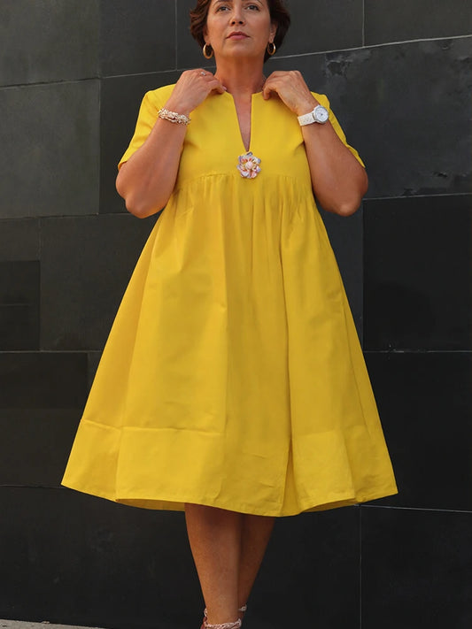 Women Plus Size Loose Dress Short Sleeve Round Neck Pleated A-line Solid Casual Vintage High Street Fashion Summer Dresses