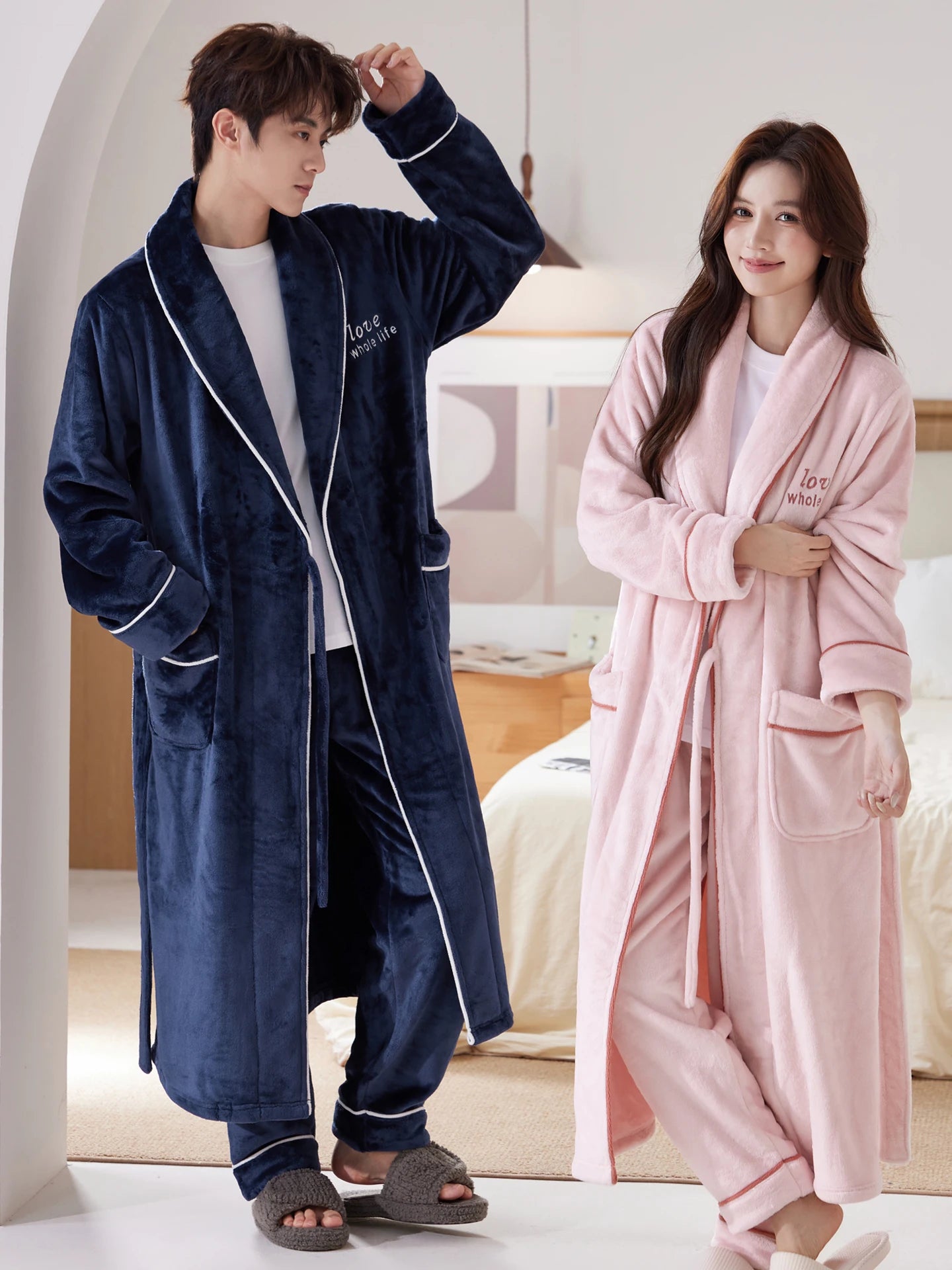 Thiened Long Coral Fce Pajamas Women's Spwear Winter Home Clothes Couple Batobes Men's plus Size Flannel Gown