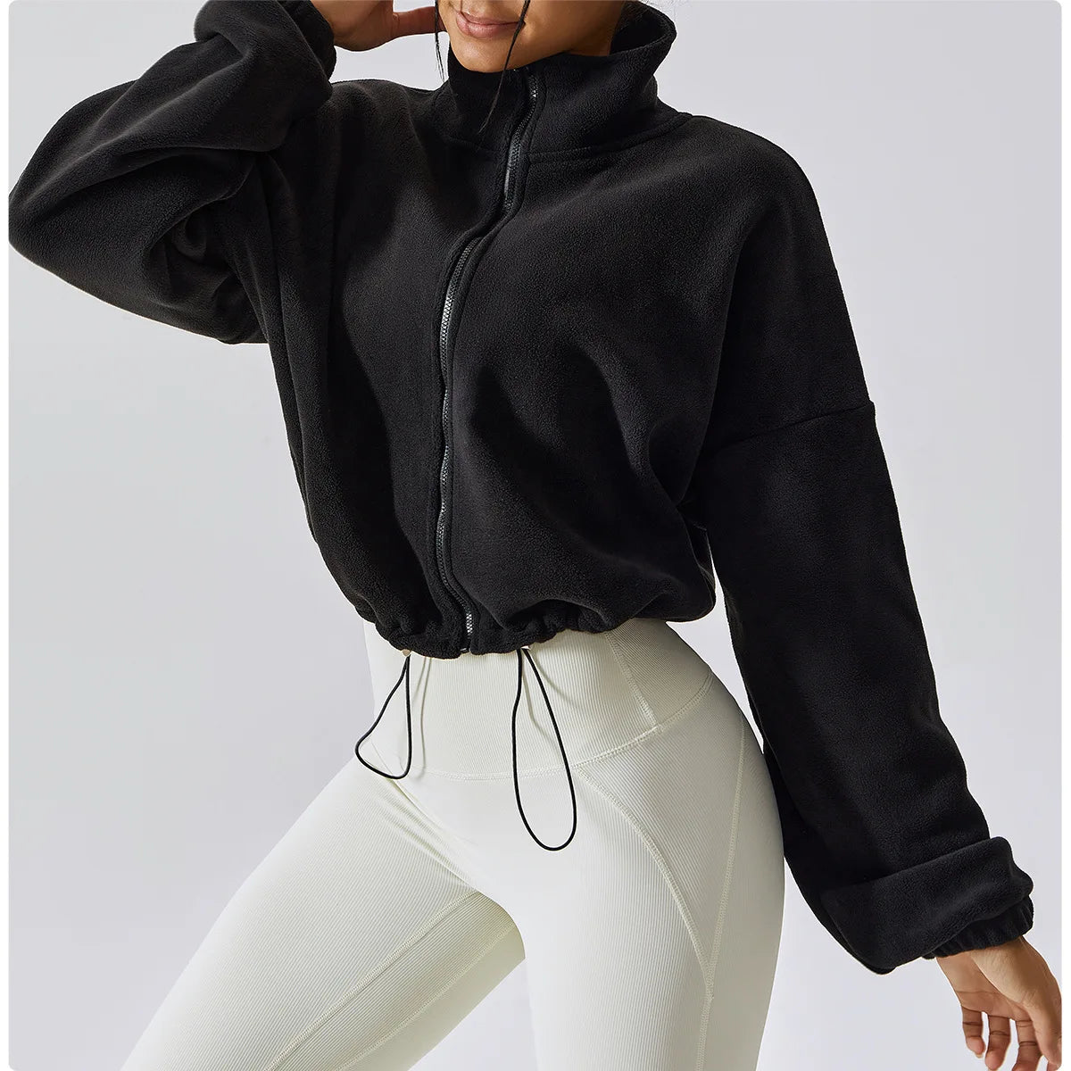 Loose Stand Collar Fleece Casual Jacket Women's Comfortable Polyester Blend Long Sleeve Zipper Closure Fashionable Sweatshirt