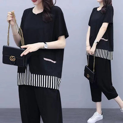 Summer New Style Women's Sporty Casual Short Sleeve TT Shirt Set Large Size Two-Piece Fashionable Korean Trendy Outfit