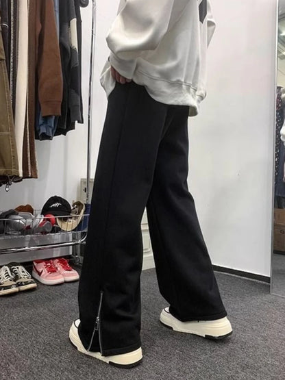 Warm Autumn Winter Men’s Fleece Lined Joggers Solid Color Zipper Casual Pants High Waist Slim Korean Style Unisex Couple Design