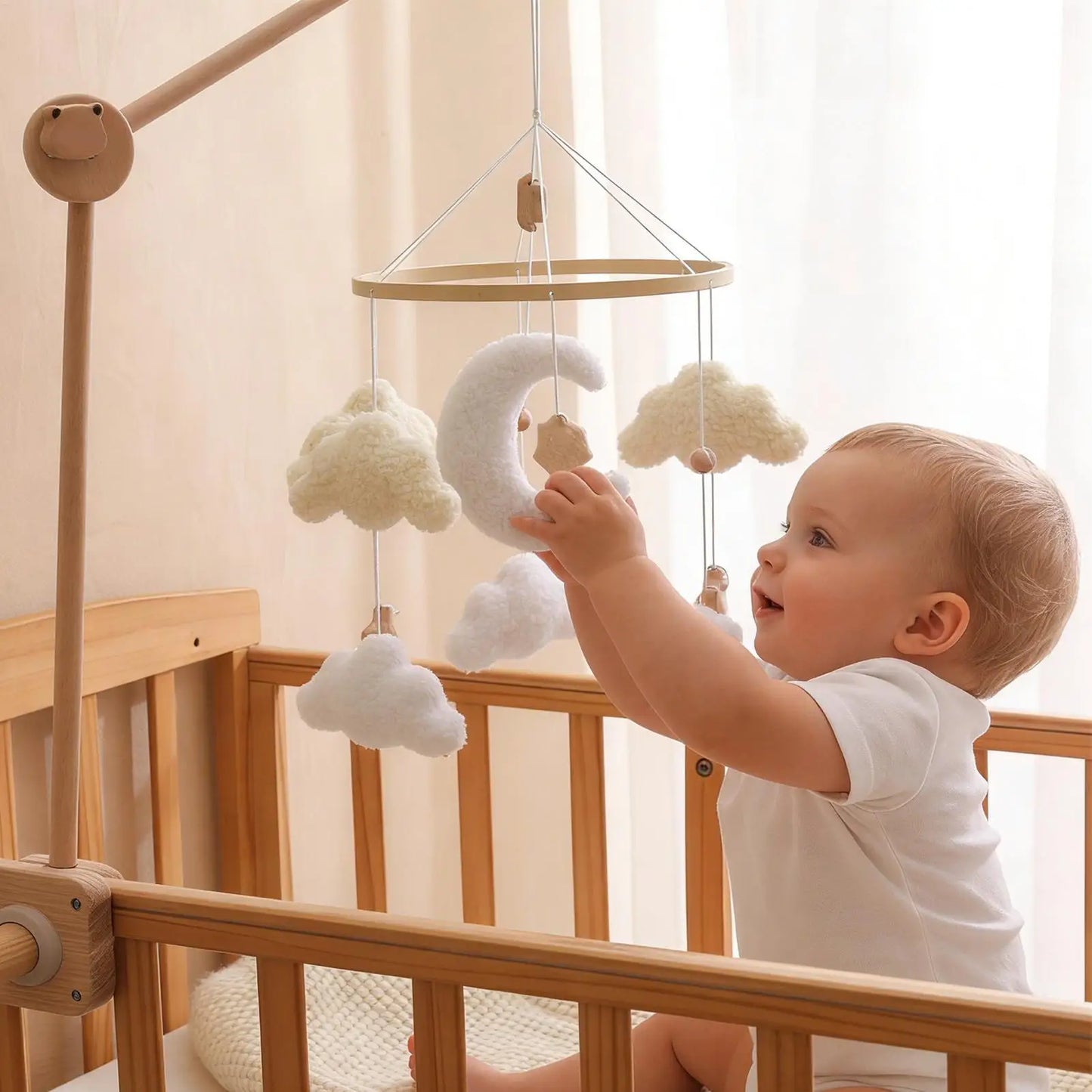 Wooden Crib Mobile Baby Bed Bell Rattle Toy Soft Cartoon Cloud Mobile Bracket Newborns Bed Bell Hanging Toy Nursery Decor