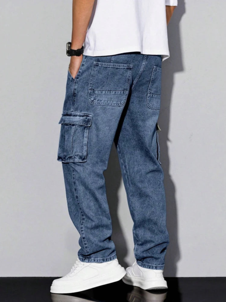 Men's Blue Cargo Jeans Spring New Multi-Pocket Loose Fit Denim Pants Streetwear Hip Hop Casual Versatile Daily Fashion Trousers