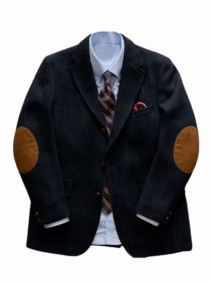 Men's Vintage Herringbone Tweed Blazer With Elbow Patch 2 Button Single Breasted Cotton Casual Slim Fit Business Jacket XS-7XL