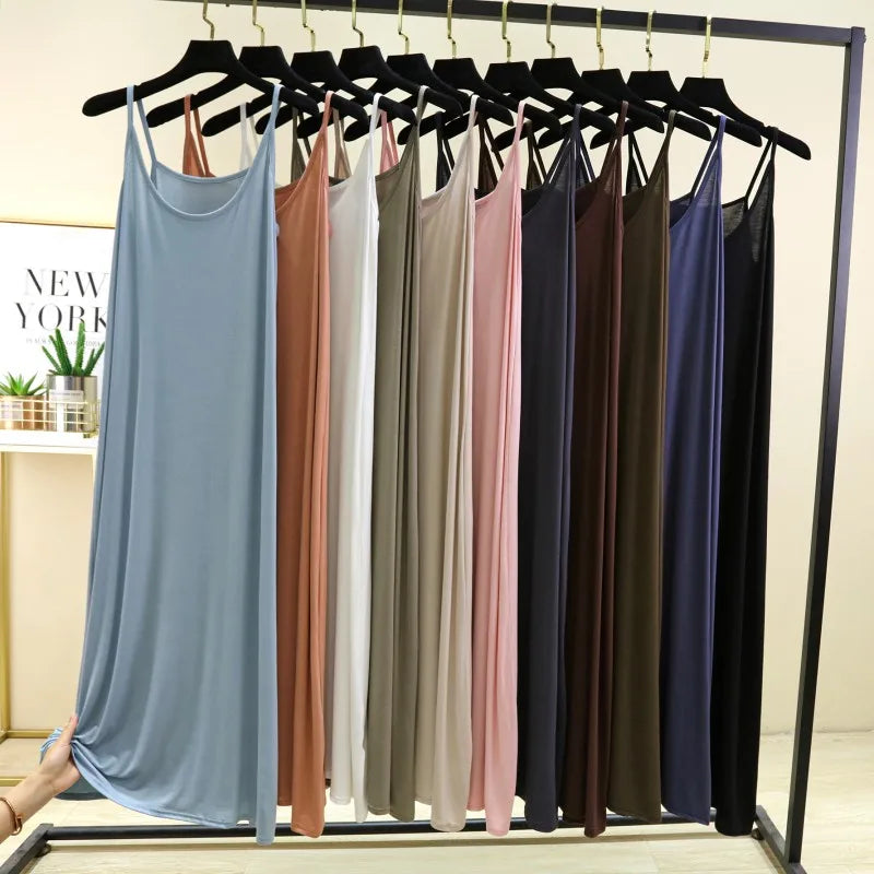 Summer round Neck Modal Dress Thin Long A-Line Dress Vest Strap Dress Loose Base Dress Inner Wear Casual Style No Sleeve Dress
