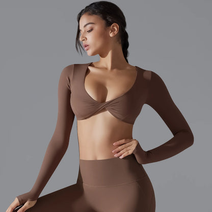 Sexy Cross Long Sleeve Sports Bra Push Up Yoga Crop Top Women Fitness Gym Workout Tops Women Brassiere Sport Female Clothing