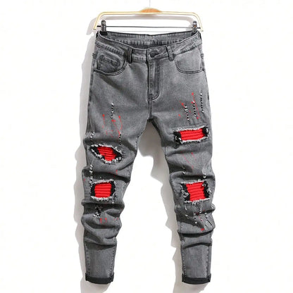 Men's Ripped Denim Jeans for Man High Stretch Skinny Biker Pants Casual Slim Fit Trousers with Patchwork Embroidery Streetwear
