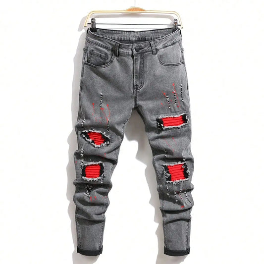 Men's Ripped Denim Jeans for Man High Stretch Skinny Biker Pants Casual Slim Fit Trousers with Patchwork Embroidery Streetwear