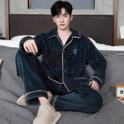 Men's Sleepwear Coral Fleece Flannel Thick Warm Cardigan Home Clothes Autumn Winter Long Sleeve Button up Comfortable Pajamas
