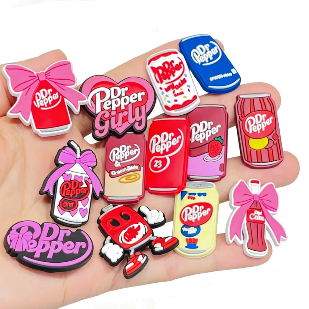 13-100PCS Dr Pepper Soda Bottle Drink Shoe Charms For Bubble Slides Clogs Sandals,PVC Shoe Decorations Accessories Buckle