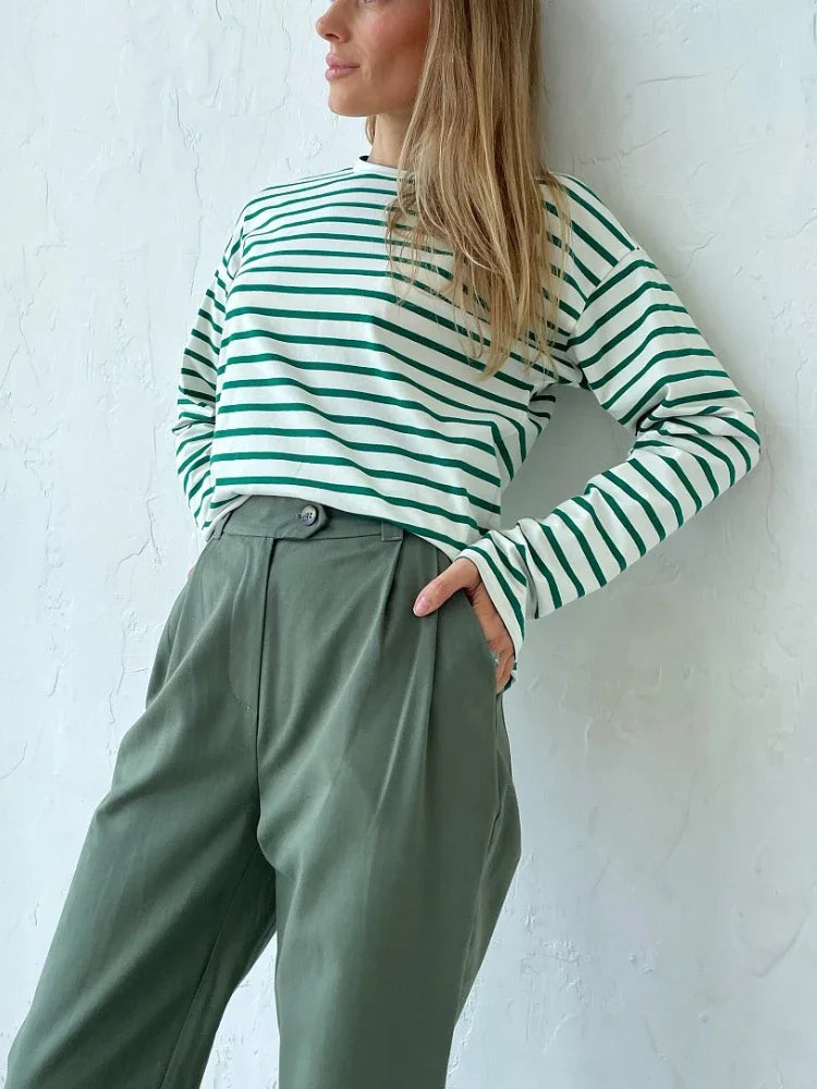 Bornladies 2025 Summer Long Sleeve Striped T-Shirts Women Basic Casual Tops Female Cozy Loose Cotton Tees Harajuku T Shirt New