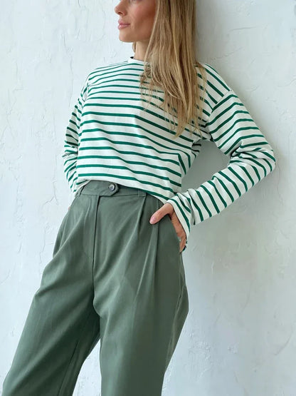 Bornladies 2025 Summer Long Sleeve Striped T-Shirts Women Basic Casual Tops Female Cozy Loose Cotton Tees Harajuku T Shirt New