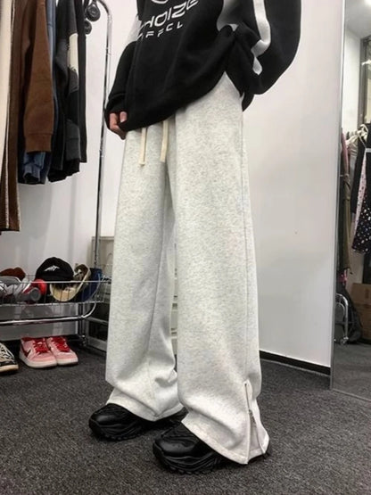 Warm Autumn Winter Men’s Fleece Lined Joggers Solid Color Zipper Casual Pants High Waist Slim Korean Style Unisex Couple Design
