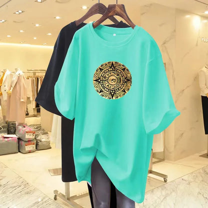 Women Fashion Pure Cotton Y2k Short Sleeve T-shirt Summer Casual Loose Paisley Printing Top Tee Office Lady Basic Pullover M-6XL