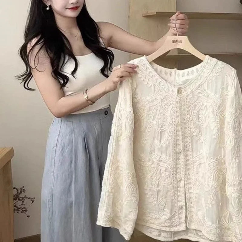 Women Spring Summer Embroidered Versatile Loose-Fit Shirt Top French Style Blouse Cardigan Top