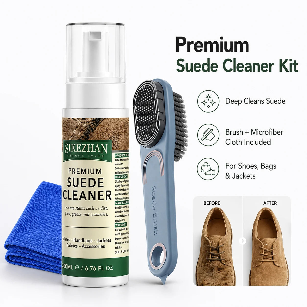 Suede Nubuck Shoe Cleaner Kit Foam Cleanser with Brush Towel for Sneakers Boots Bags Leather Jacket Care