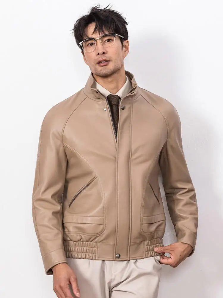 New Designer Men Natural Real Sheepskin Jacket Stand Collar Business Work Soft Genuine Leather Jacket Zip Casual Punk Style Coat
