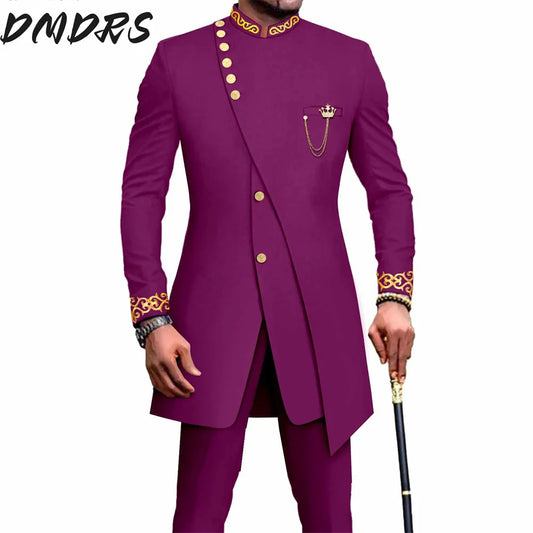 Elegant African National Printing Batik Men's Casual 2PCS Suit For Wedding Dinner Event Suit terno masculinos complete costume