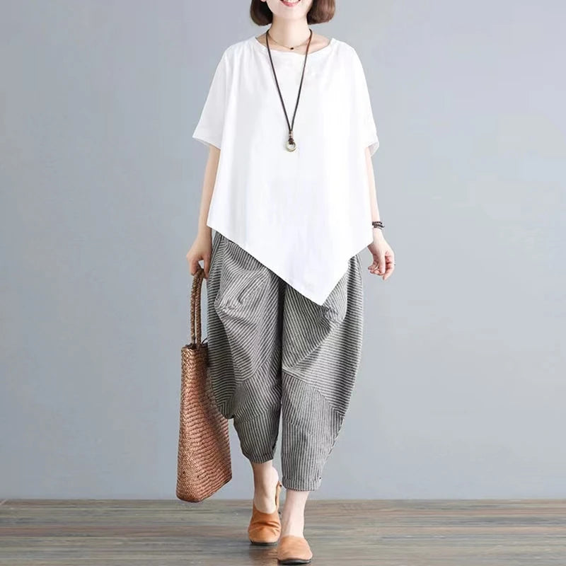 Cotton Blend Loose Fit Casual Women's T-irt And Harlan Pants Set Single Piece Summer Faion Ensemble for plus Size