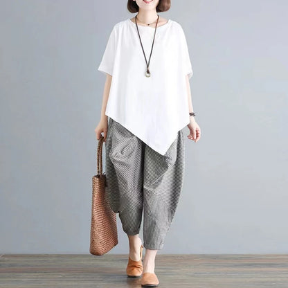 Cotton Blend Loose Fit Casual Women's T-irt And Harlan Pants Set Single Piece Summer Faion Ensemble for plus Size
