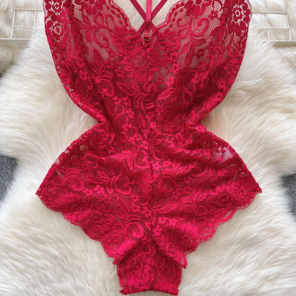 Sexy Lace Strap Jumpsuit Slim Fit Transparent Women's Pajamas Halter Playsuit Erotic Lingerie Catsuit Backless Hollowed Bodysuit