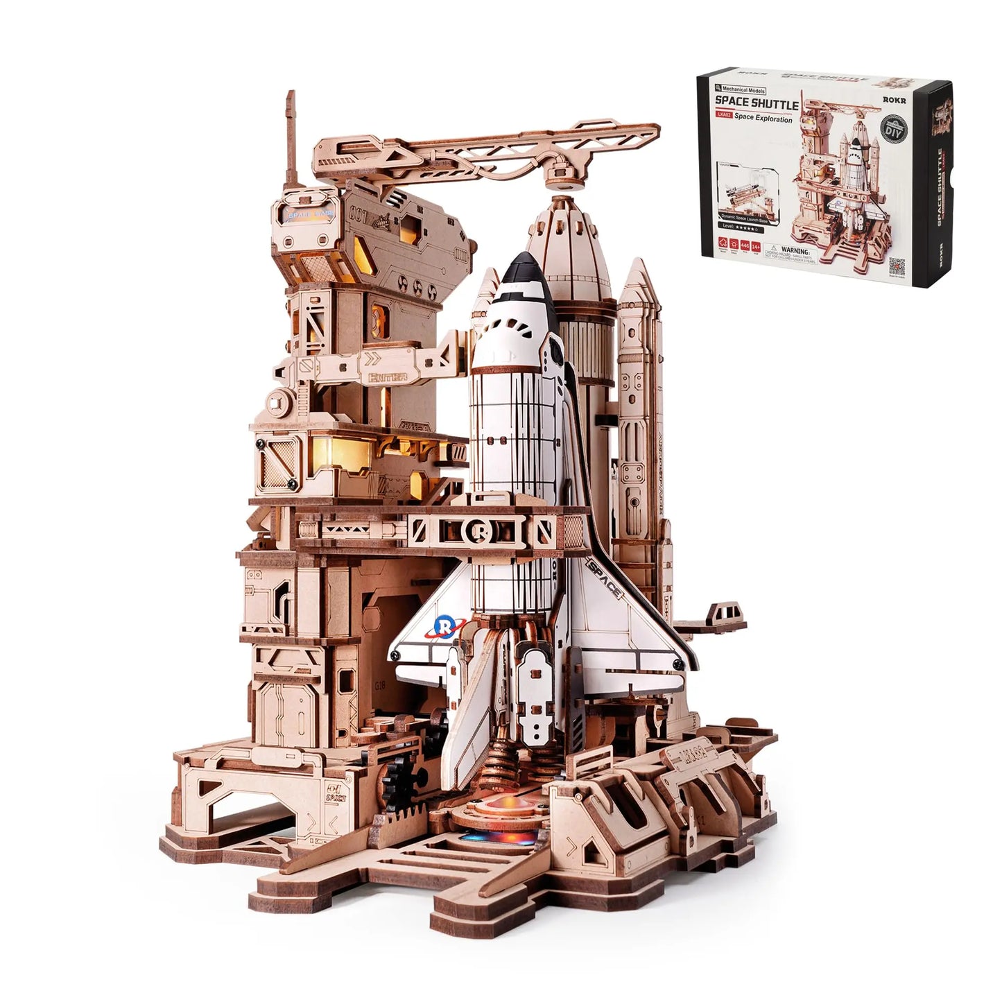Robotime Space Shuttle 3D Wooden Puzzle Moving Rocket Launch Tower with Lights Mechanical Building STEM Project for Adult Teen