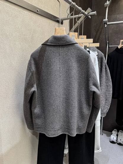 Fashion Winter Male Short Style Turn Down Collar Jacket Loose Fit Double Breasted Trench Coat Long Sleeves Pocket Warm Overcoat