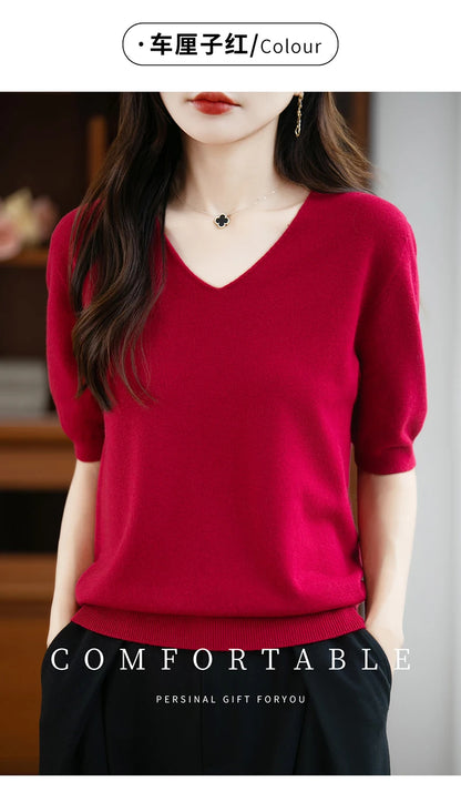 Thin Worsted Wool Short-Sleeved Women's Loose Round Neck T-shirt Printed Summer Fashion Knitted Bottoming Shirt Half-Sleeved