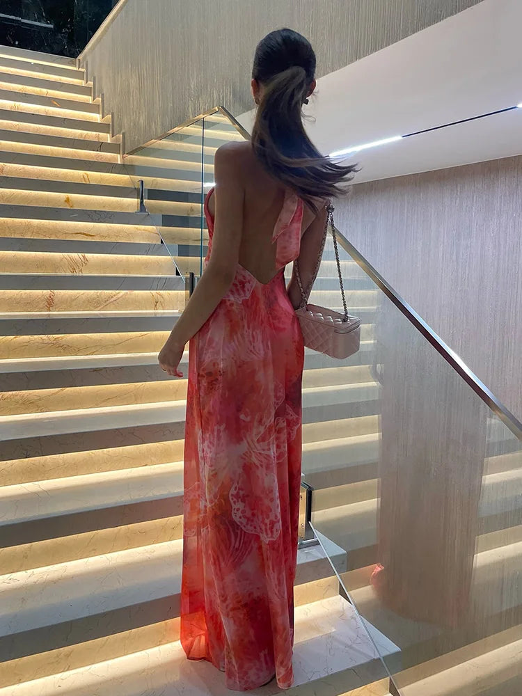 CNYISHE Prints Mesh Sheer Halter Sleeveless Backless Sheath Fashion Holiay Outfits Chic Sexy Club Women Dresses Female Bodycon